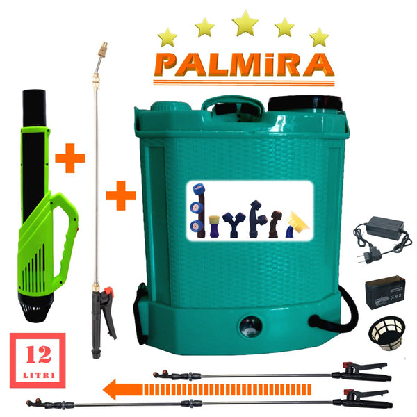 Set Pompa de stropit cu acumulator 12L PALMIRA, 6 DUZE + Atomizor electric + Set Lance telescopica stropit pomi 3m, Vermorel Electric