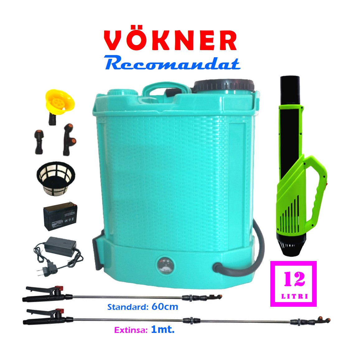 SET VÖKNER ATOMIZOR+VERMOREL Stropit Electric cu Acumulator 12 Litri, BLUE, tija extensibila 1 metru - VÖKNER Recomandat