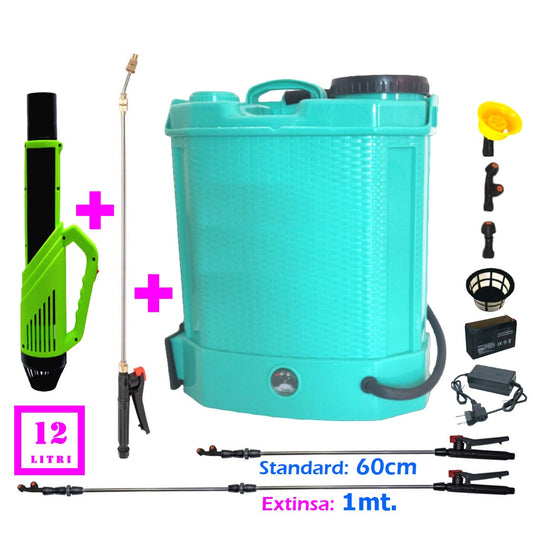 Pompa de stropit Vokner  12 Litri cu acumulator, plus atomizor, plus tija inox extensibila la 3 metri, Vermorel Blue