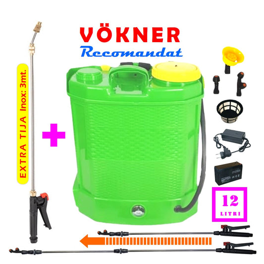 SET VÖKNER Pompa Stropit Electrica cu Acumulator, 12 Litri, Vermorel VERDE, tija extensibila 1m, + TIJA INOX Extensibila 3 Metri - VÖKNER Recomandat
