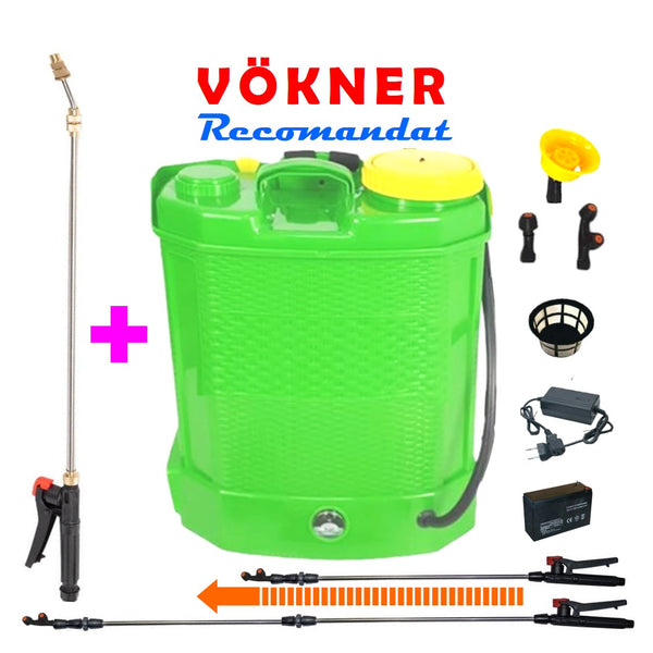 *PROMO* SET VÖKNER Pompa Stropit Electrica cu Acumulator, 12 Litri, Vermorel VERDE, tija extensibila 1m, + TIJA INOX Extensibila 3 Metri, +extra Furtun si Maner
