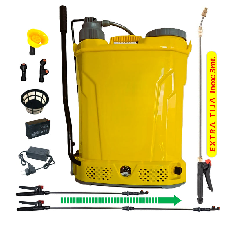 SET POMPINA Pompa 18 Litri Tratamente Pomi-Vie-Legume, Electrica cu Acumulator si Manuala, Vermorel GALBEN, tija extensibila 1m, + TIJA INOX Extensibila 3 Metri