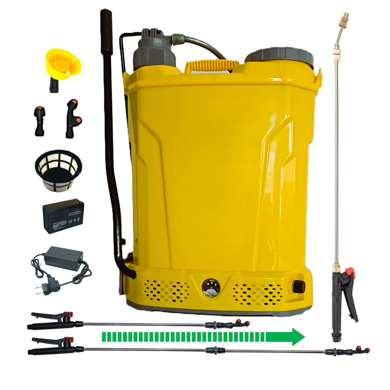 SET POMPINA Șprițuitor Electric cu Acumulator si Manual, 18 Litri, GALBEN, tija extensibila 1m, + TIJA INOX Extensibila 3 Metri + EXTRA Furtun si Maner