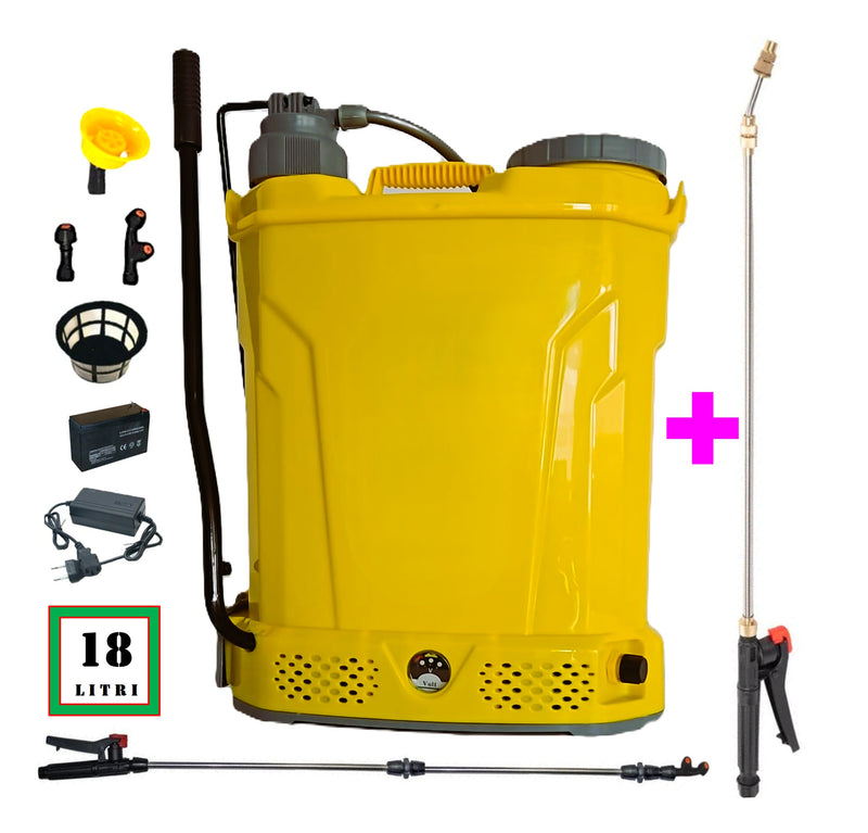 SET POMPINA Șprițuitor Electric cu Acumulator si Manual, 18 Litri, GALBEN, tija extensibila 1m, + TIJA INOX Extensibila 3 Metri + EXTRA Furtun si Maner
