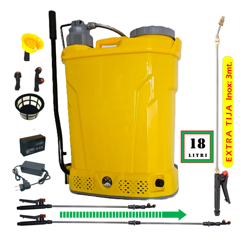 *PROMO* SET POMPINA Vermorel 18L cu Acumulator si Manual, GALBEN, tija extensibila 1m, + TIJA INOX Extensibila 3 Metri, +EXTRA Furtun si Maner
