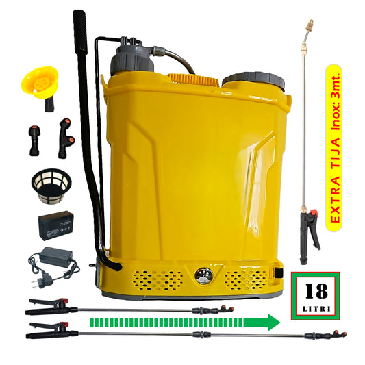 *BLACK-FRIDAY* *BuzZ* SET Pompa Tratamente Pomi-Vie-Legume, cu Acumulator+Manuala, 18 Litri, Vermorel POMPINA GALBEN, tija extensibila 1m, + TIJA INOX Extensibila 3 Metri, +EXTRA Furtun si Maner