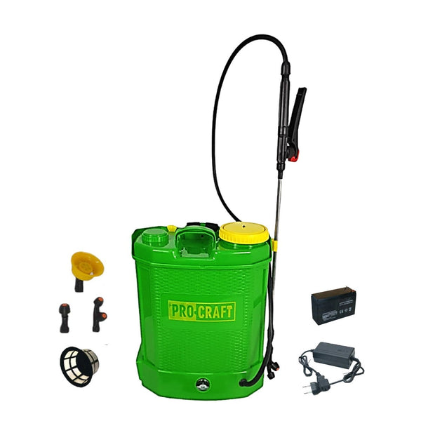 Pompa de stropit cu acumulator culoare verde, brand Procraft, volum 12 Litri, Vermorel. Include acumulator, incarcator, sita lichide, 3 duze diferite incluse, lance metalica, maner reglare debit. O oferta speciala de la EuroUnelte.ro