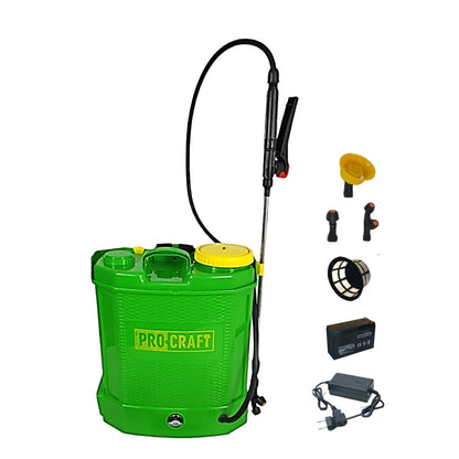 Pompa de stropit cu acumulator culoare verde, brand Procraft, volum 12 Litri, Vermorel. Include acumulator, incarcator, sita lichide, 3 duze diferite incluse, lance metalica, maner reglare debit. O oferta speciala de la EuroUnelte.ro