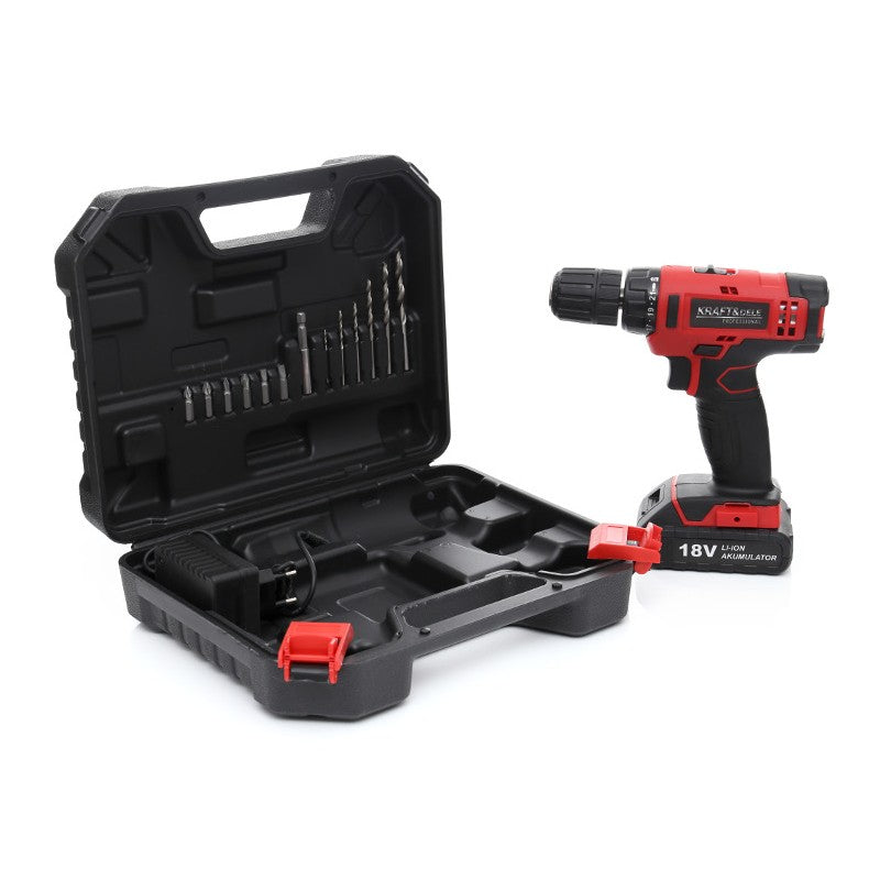 SET Masina insurubat si gaurit pe acumulator POLSKI K1566, 1350RPM, include 1 acumulator 18V, 6 burghie si 6 biti