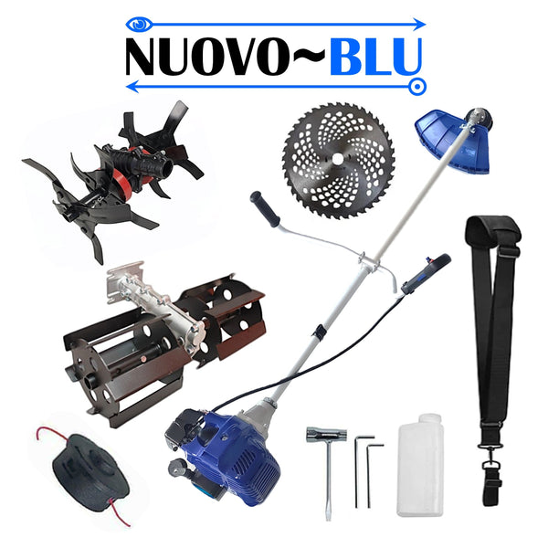 SET MECANIZARE GRADINARIT: PRASITOARE & CULTIVATOR benzina, NUOVO-BLUe Fuel-Economy 6CP, accesorii taiat iarba incluse