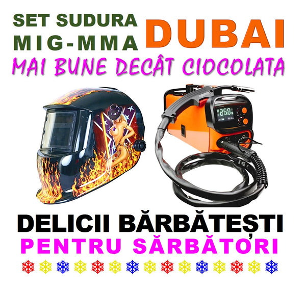 SET Sudura DUBAI pentru SARMA FLUX+Electrod, Mig-Mag-MMA, 250A, cu Masca Automata SuperHot-Flames, 1875-37107