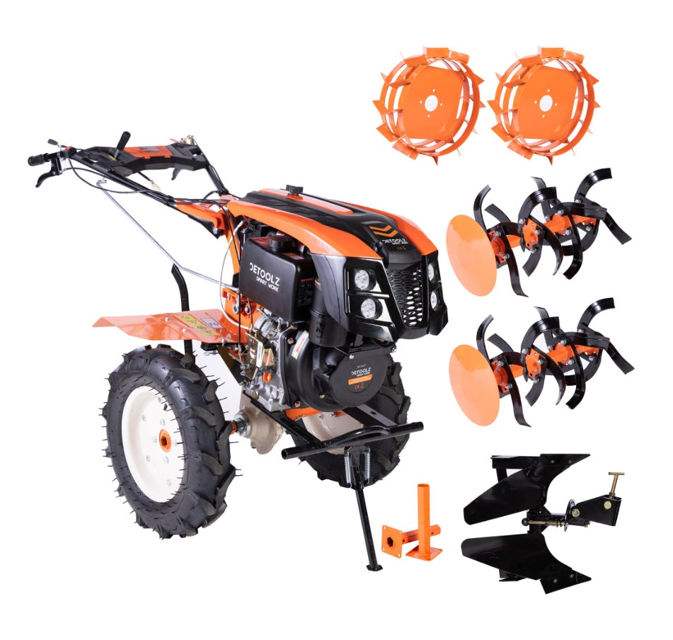 Motocultor Detoolz DZ-M127 10CP, motor DIESEL 4 timpi, cu plug reversibil mare + roti metal, NOB