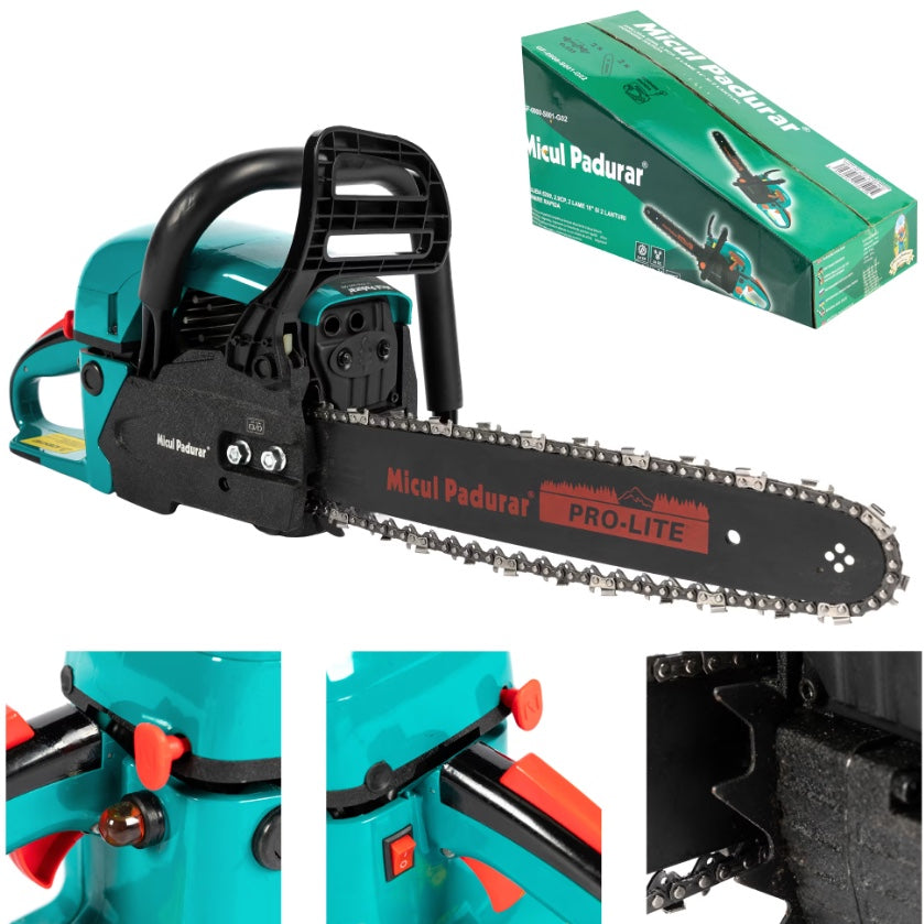 Drujba pe benzina Micul Padurar 5200, 2.9CP, carcasa metalica, 2 lame 2 lanturi