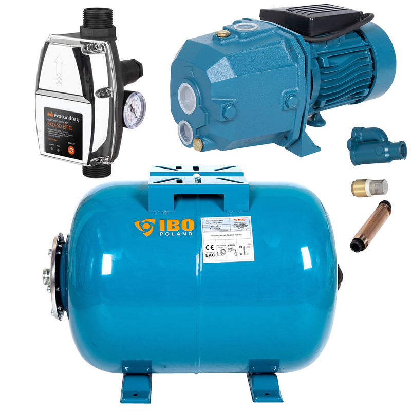 Set Hidrofor 50L cu Pompa suprafatacu ejector IBO Dambat DP355, 1.1kW, cu Presostat electronic automat EPC-4, gri