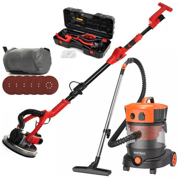 *OFERTELE-IEPURASULUI* Set Slefuitor pereti cu aspirator si iluminare LED Kraft&Dele KD1740, 1460W, 225mm + Aspirator umed uscat industrial fara sac 5156, 1400W, 25L, cu priza scule