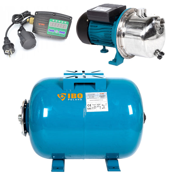 Kit Hidrofor 50L cu Pompa suprafata IBO Dambat AJ50/60 INOX, 1.1kW, cu Presostat electronic inteligent PRESS SX