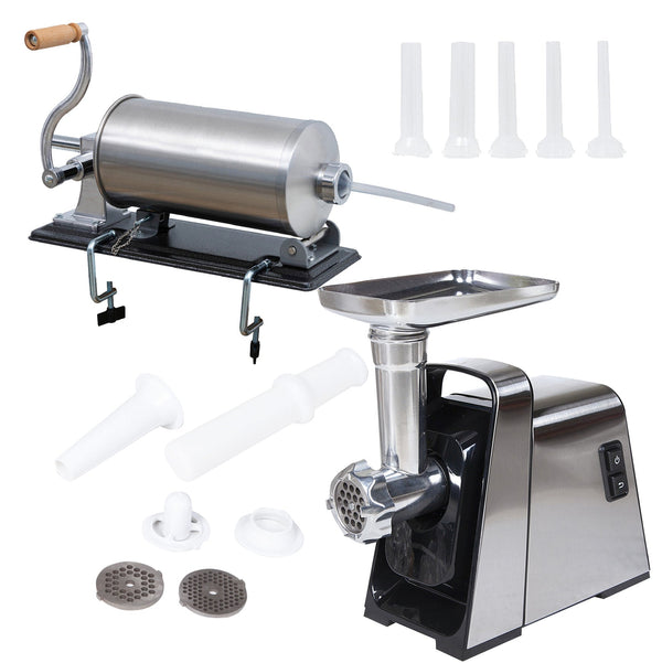 *PROMO* SET Masina de tocat carne electrica, Inox, 1400W, 100Kg/Ora + Masina umplut carnati 3kg cu 5 Palnii