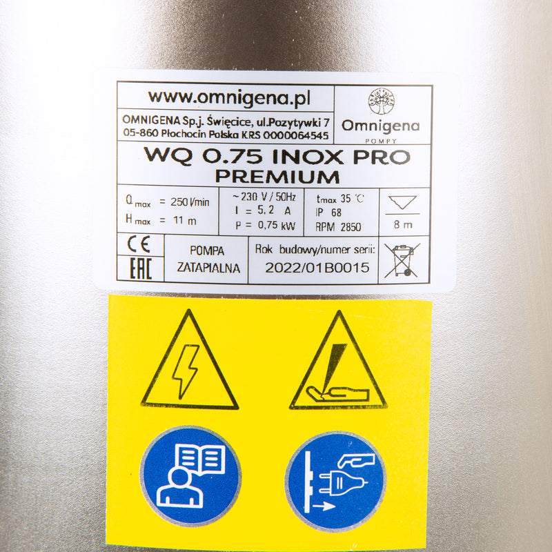 Pompa apa murdara Omnigena WQ 0.75 INOX PRO, 0.75kW, debit 250l/min, H refulare 11m, submersibila