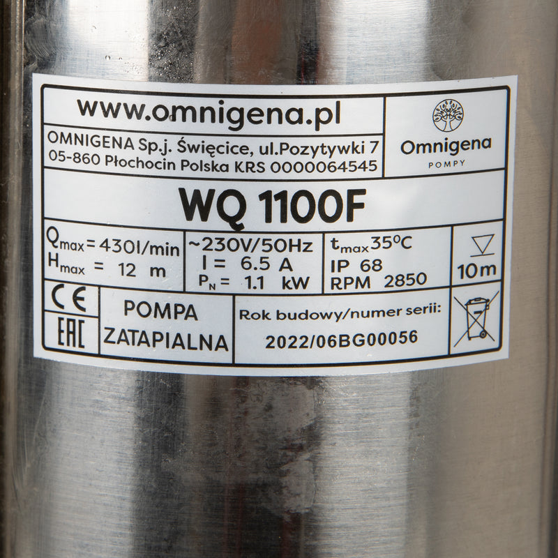 Pompa apa murdara Omnigena WQ 1100F, 1.1kW, debit 430l/min, H refulare 12m, submersibila