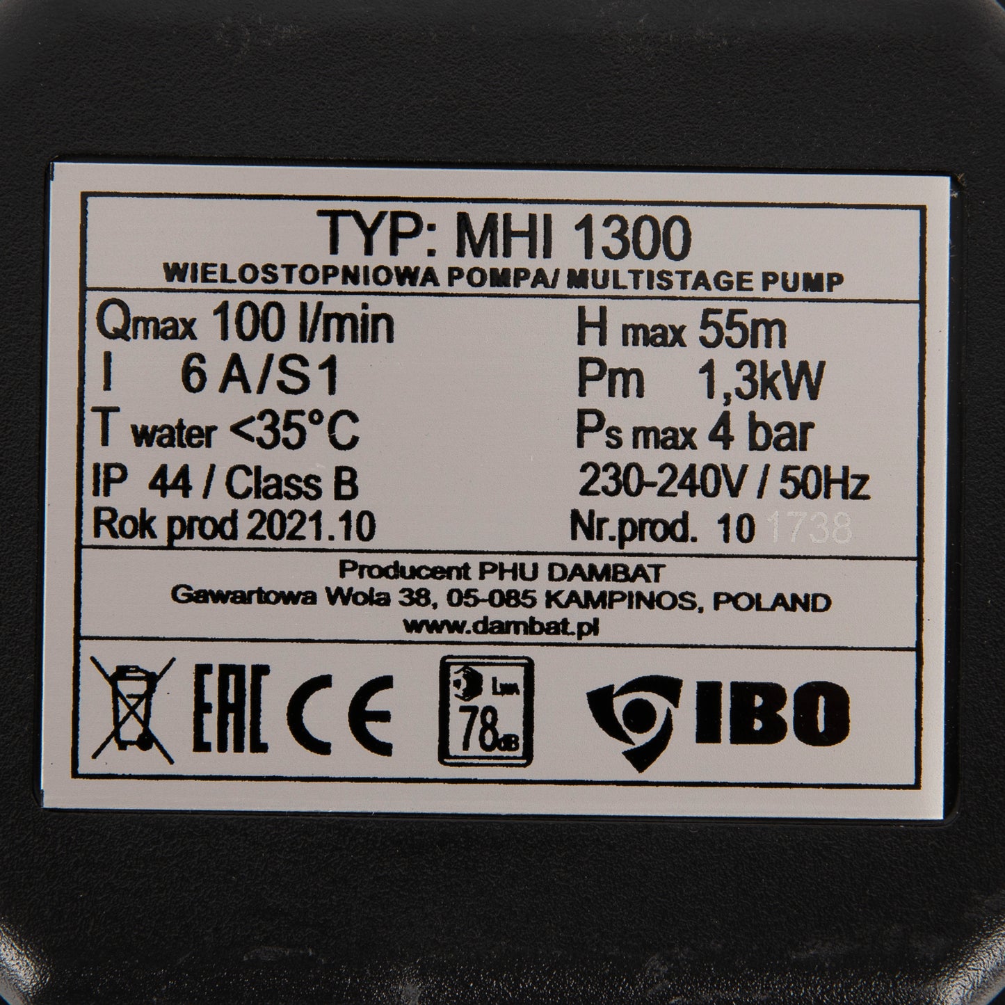 Pompa de suprafata multietajata IBO Dambat MHI 1300, 1300W, 100l/min, H refulare max 55m