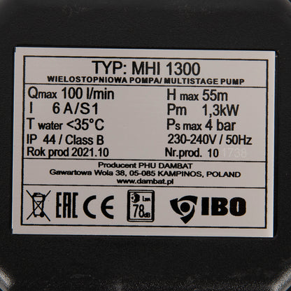 Pompa de suprafata multietajata IBO Dambat MHI 1300, 1300W, 100l/min, H refulare max 55m