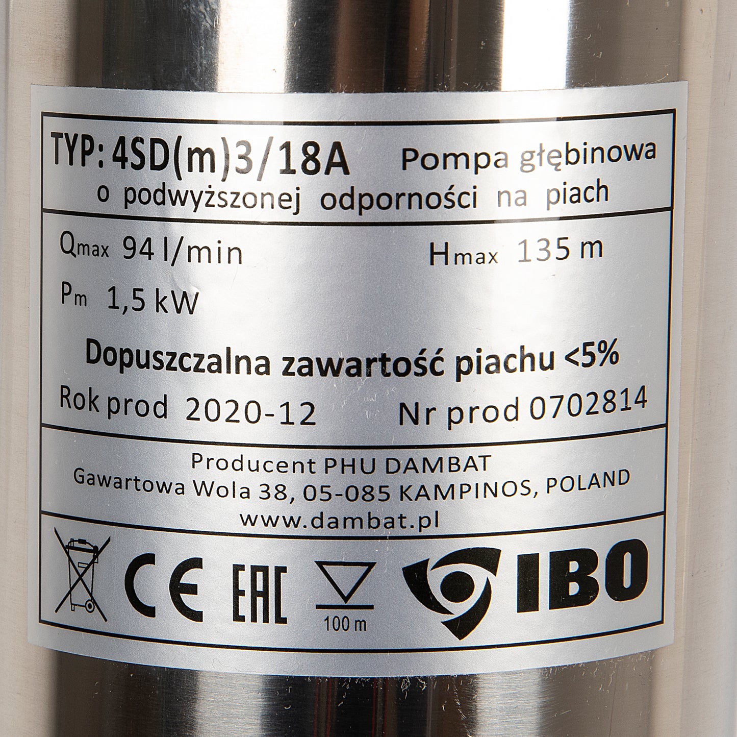 Pompa submersibila IBO Dambat 4SDM3/18, 1.5kW, debit 94l/min, H refulare 135m, racord 1½, rezistenta sporita la nisip