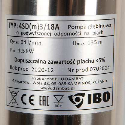Pompa submersibila IBO Dambat 4SDM3/18, 1.5kW, debit 94l/min, H refulare 135m, racord 1½, rezistenta sporita la nisip