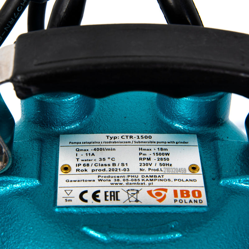 Kit Pompa apa murdara cu tocator IBO Dambat CTR 1500, 1500W, 400 l/min, 2 toli, Furtun 30m cu cuple si Cordelina 20m