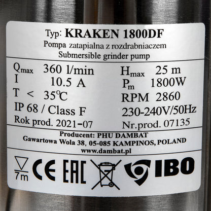 Pompa apa murdara cu tocator IBO Dambat KRAKEN 1800DF, 1800W, debit 350 l/min, H refulare 25m, submersibila