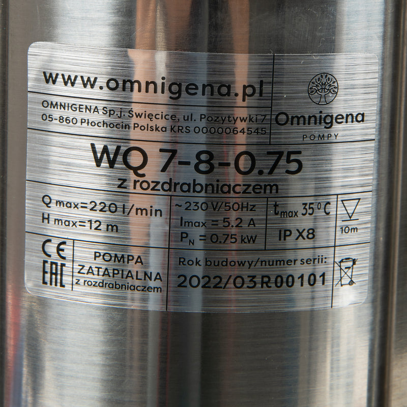 Pompa apa murdara cu tocator Omnigena WQ 7- 8-0,75, 0.75KW, debit 220l/min, H refulare 12m, submersibila