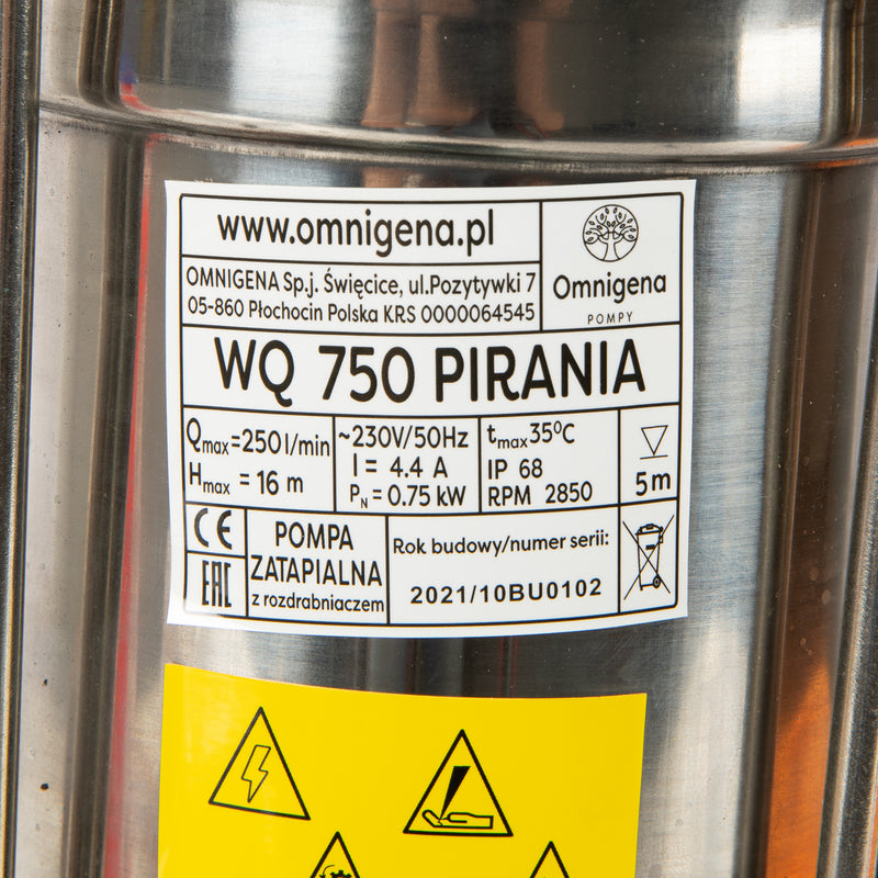 Pompa apa murdara cu tocator Omnigena WQ 750 PIRANIA, 0.75KW, debit 250l/min, H refulare 16m, submersibila