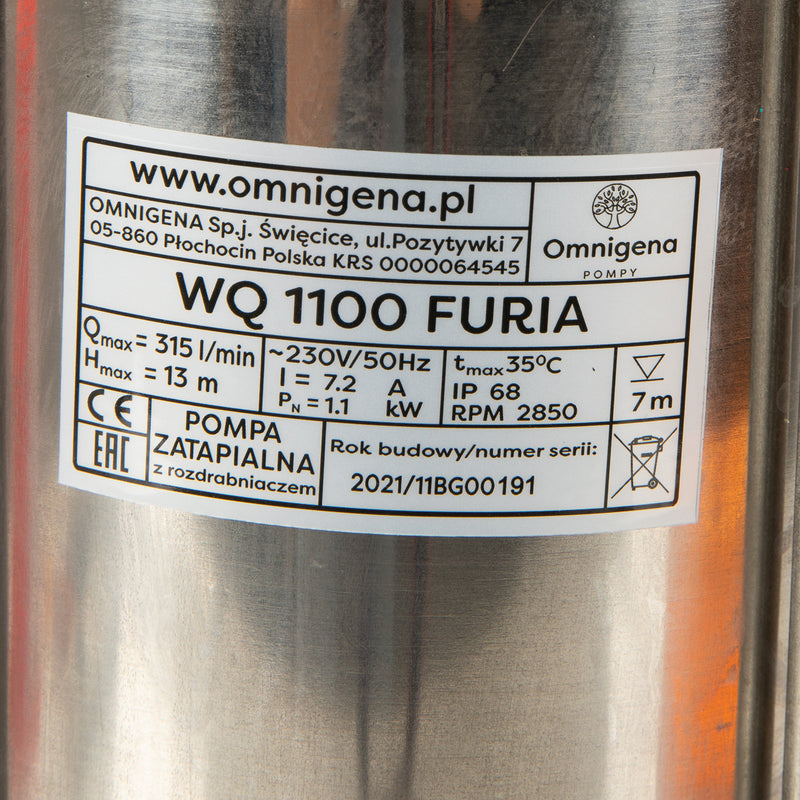 Pompa apa murdara cu tocator Omnigena WQ 1100 FURIA, 1.1KW, debit 300l/min, H refulare 9m, submersibila