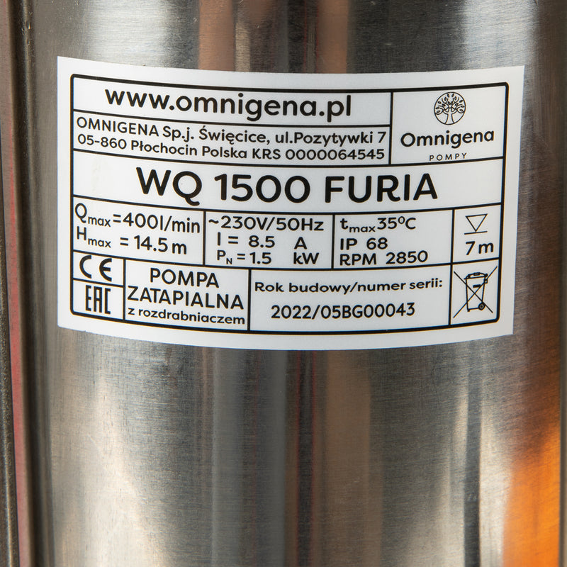 Pompa apa murdara cu tocator Omnigena WQ 1500 FURIA, 1.5KW, debit 400l/min, H refulare 14m, submersibila