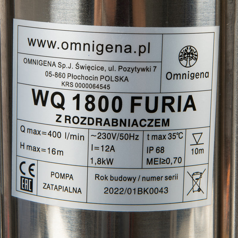 Pompa apa murdara cu tocator Omnigena WQ 1800 FURIA, 1.8KW, debit 400l/min, H refulare 16m, submersibila
