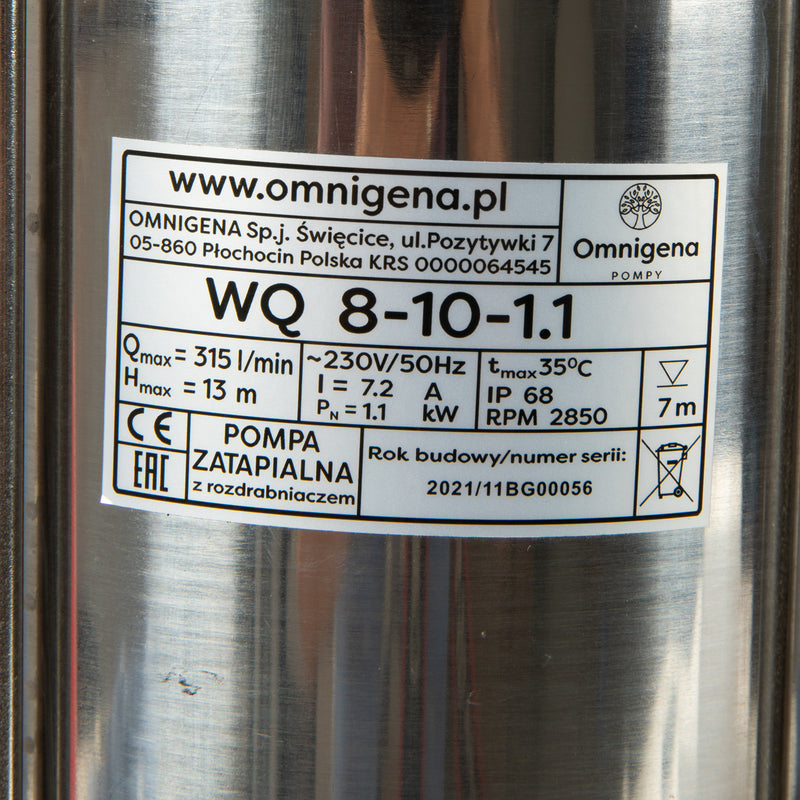 Pompa apa murdara cu tocator Omnigena WQ 8-10-1,1, 1.1KW, debit 315l/min, H refulare 13m, submersibila