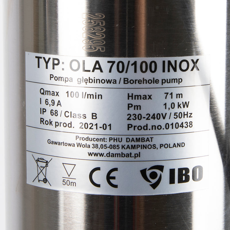 Pompa submersibila IBO Dambat OLA 70/100 INOX, 1.1 kW, debit 100 l/min, H refulare 71m, cablu 20m