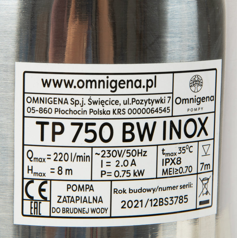 Pompa apa murdara Omnigena TP 750 BW INOX, 0.75kW, debit 205l/min, H refulare 8m, submersibila