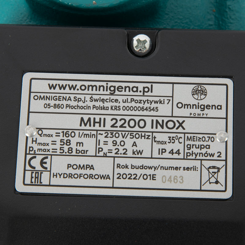 Pompa de suprafata Omnigena MHI 2200 INOX, 230V, 2.2kW, 160l/min, H refulare 58m