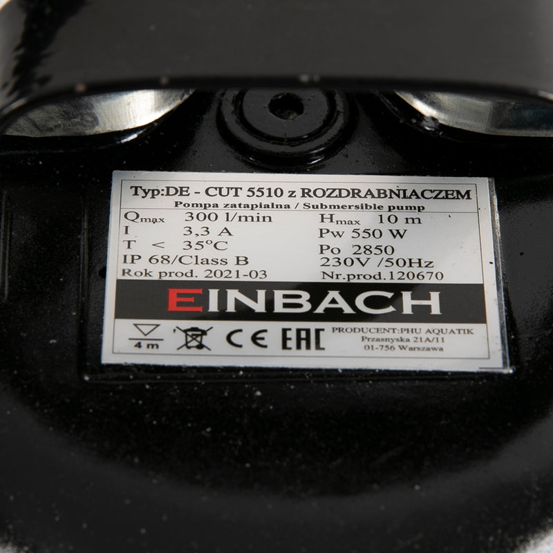 Pompa apa murdara cu tocator Einbach DE-CUT 5510 Z, 550W, 300 l/min, submersibila, cu flotor