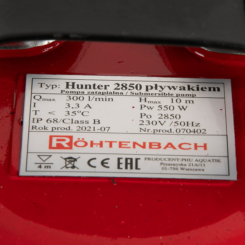 Pompa apa murdara Rohtenbach Hunter 2850, 550W, 300 l/min, submersibila cu flotor