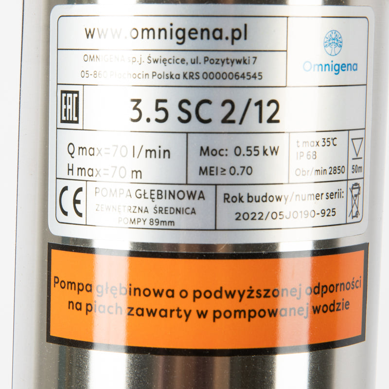 Pompa submersibila Omnigena 3,5SC2-12, 230V, 0.55W, debit 70l/min, H refulare 70m