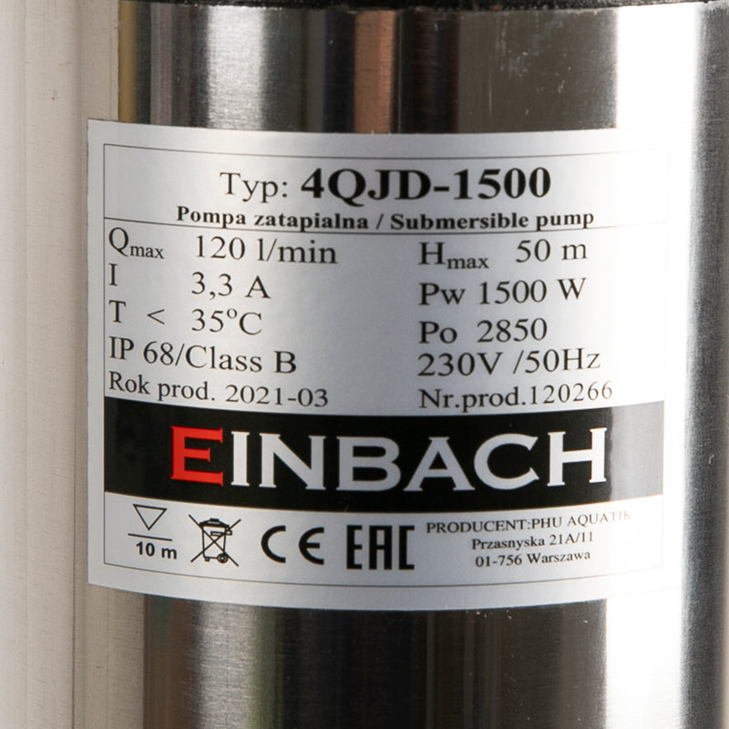 Pompa submersibila Einbach 4QJD-1500, 1500W, 120 l/min, inaltime refulare 50m