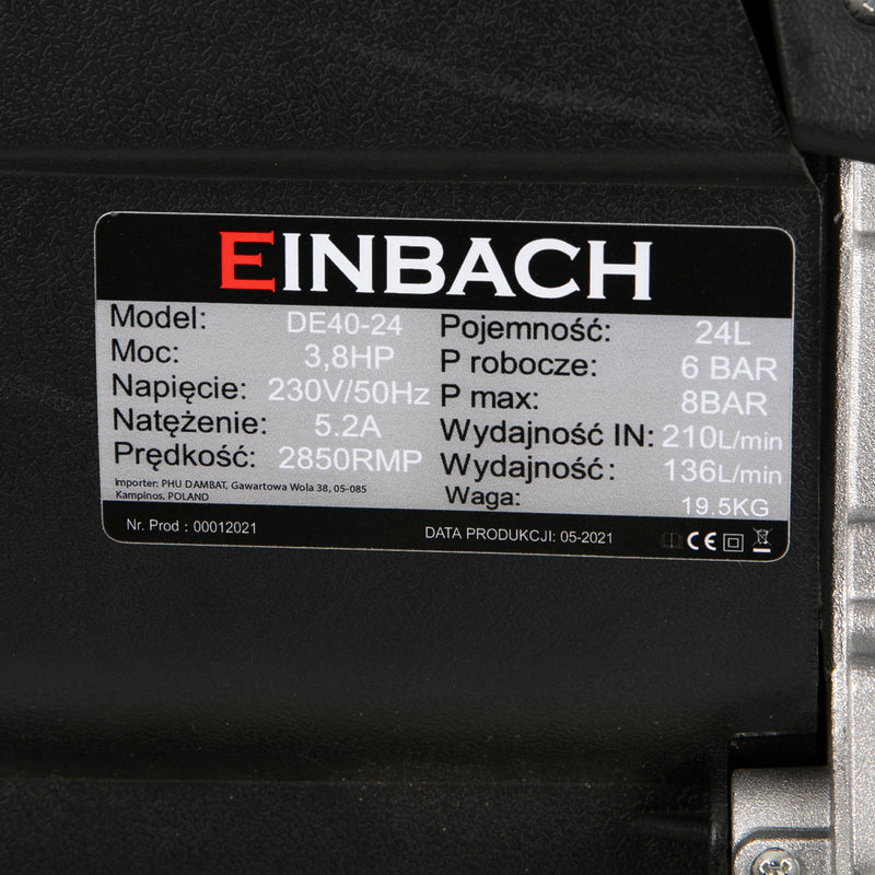 Compresor aer Einbach DE40-24, 24L, 3.8 CP, 2800W, 8Bar, 210L/min