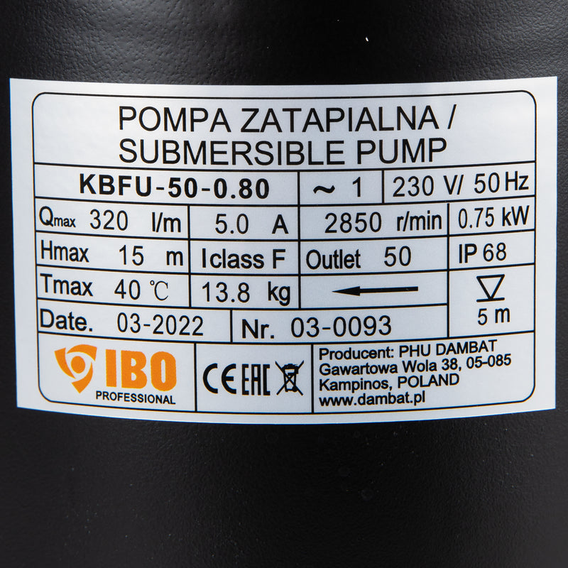 Pompa apa murdara profesionala pentru apa cu noroi / namol IBO Dambat 50-KBFU-0,80, 0.80kW, 320l/min, 230V, H refulare 15m