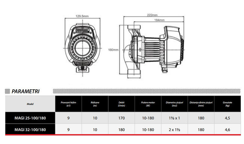 Pompa recirculare centrala IBO Dambat MAGI MAX 32-100/180, 180l/min, 10-180W