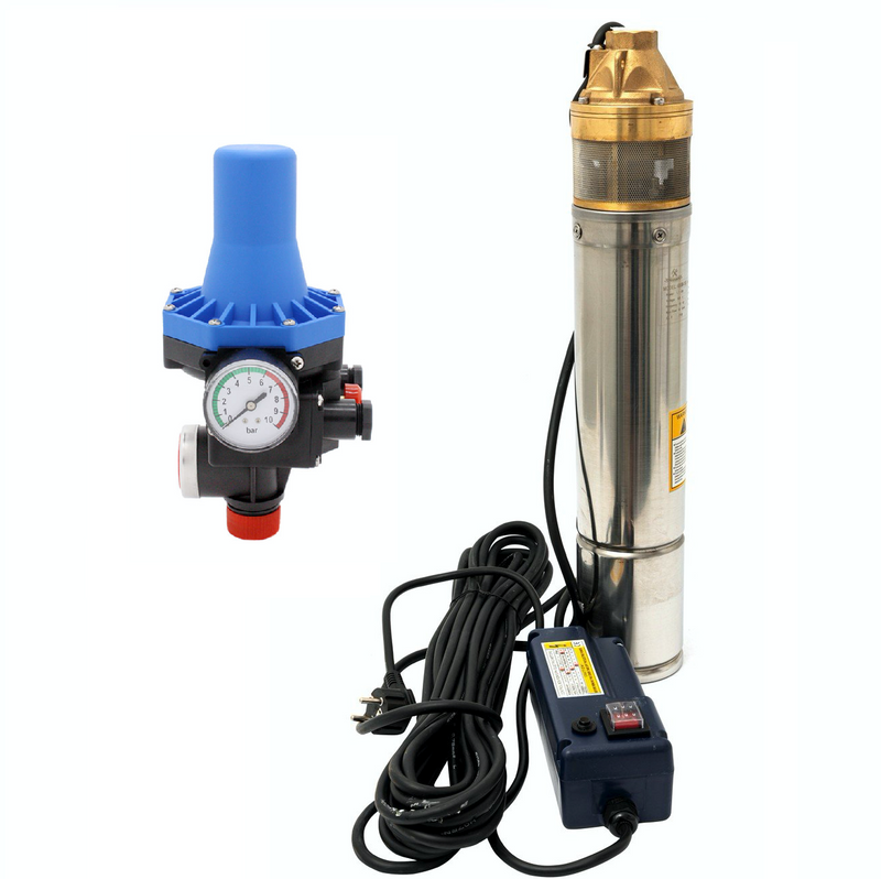 Kit Hidrofor electronic cu pompa submersibila Alpin Profi 4SKM-100, 0.75 Kw, refulare 70m si Presostat electronic automat LPC-3