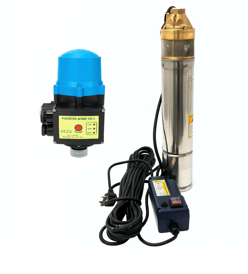 Kit Hidrofor electronic cu pompa submersibila Alpin Profi 4SKM-100, 0.75 Kw, refulare 70m si Presostat electronic automat LPC-2