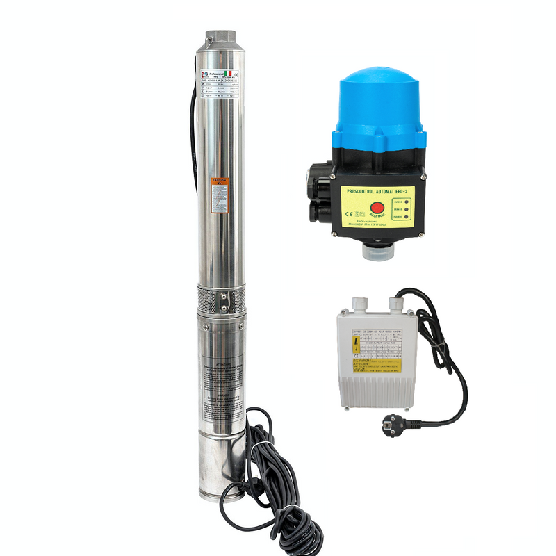 Kit hidrofor electronic cu pompa submersibila Zinith Italiy 3STM122, 1.25 Kw, refulare 140m, Presostat electronic automat LPC-2