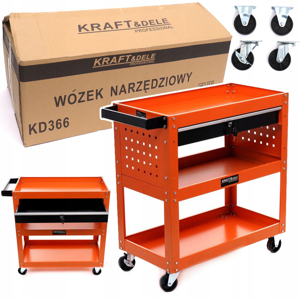 Stativ de scule de atelier cu roti Kraft&Dele KD366, 2 rafturi si sertar cu cheie