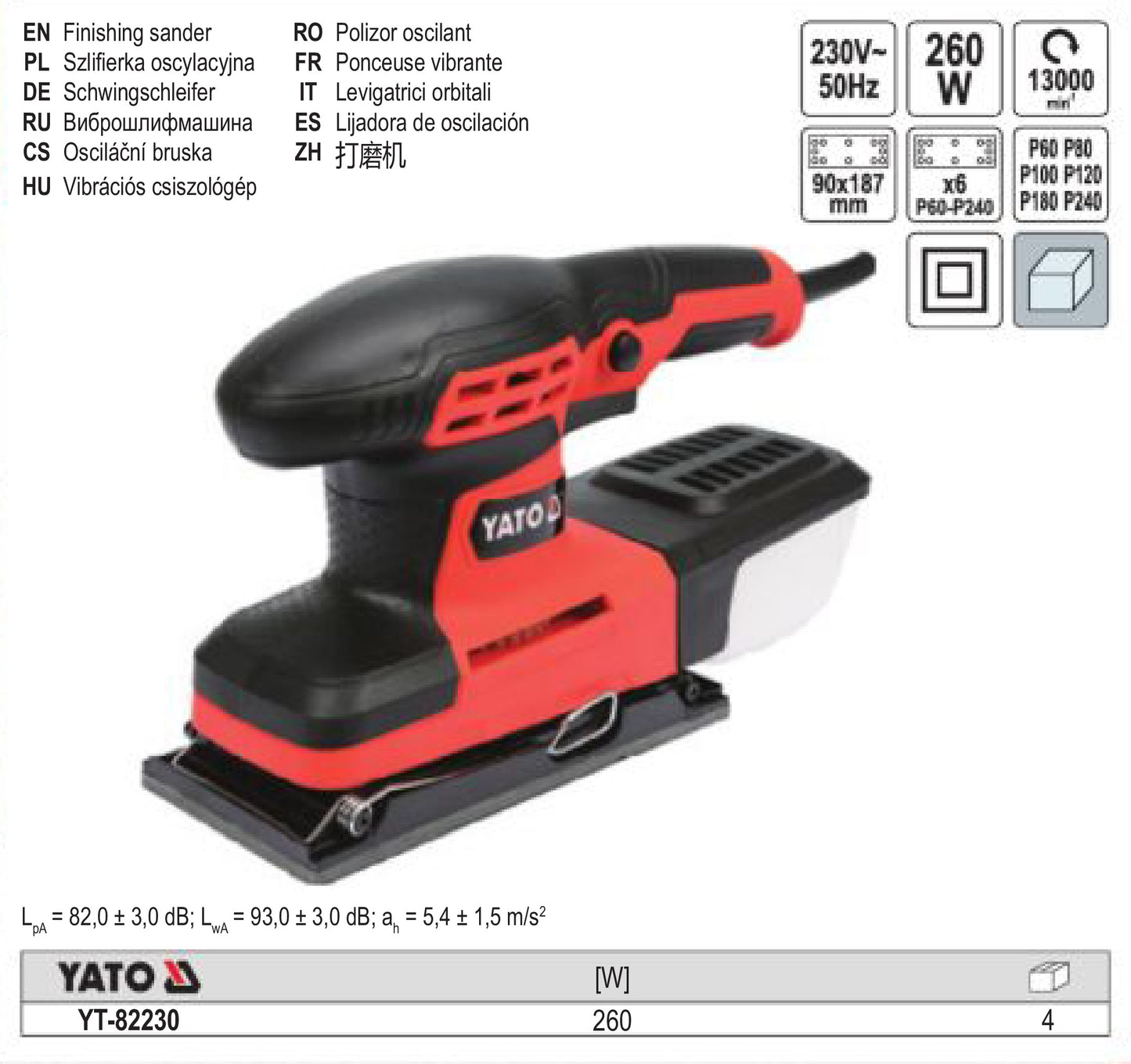 Slefuitor cu vibratii Yato YT-82230, 187x90 mm, 260 W, 187x90 mm